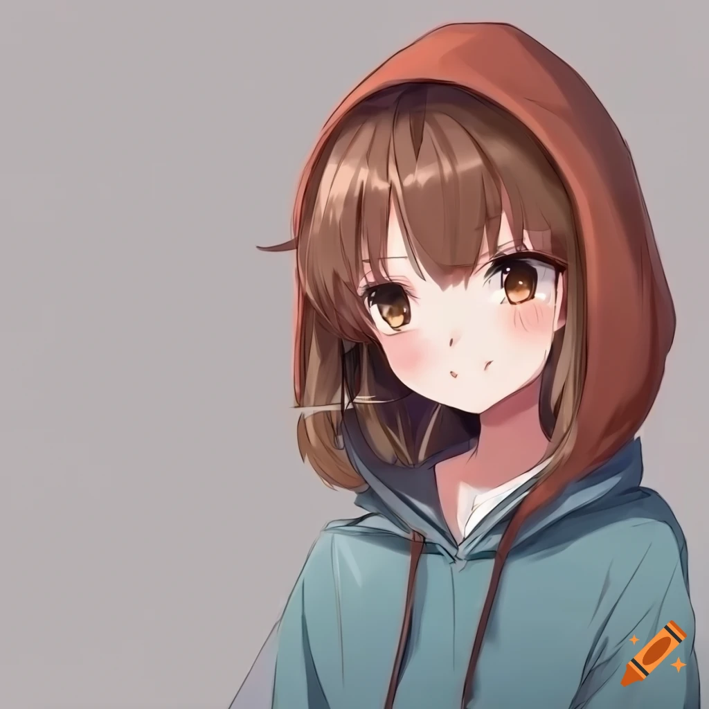 A smiling anime girl with brown, shoulder-length hair, brown eyes, and pale skin wearing a hoodie and jeans