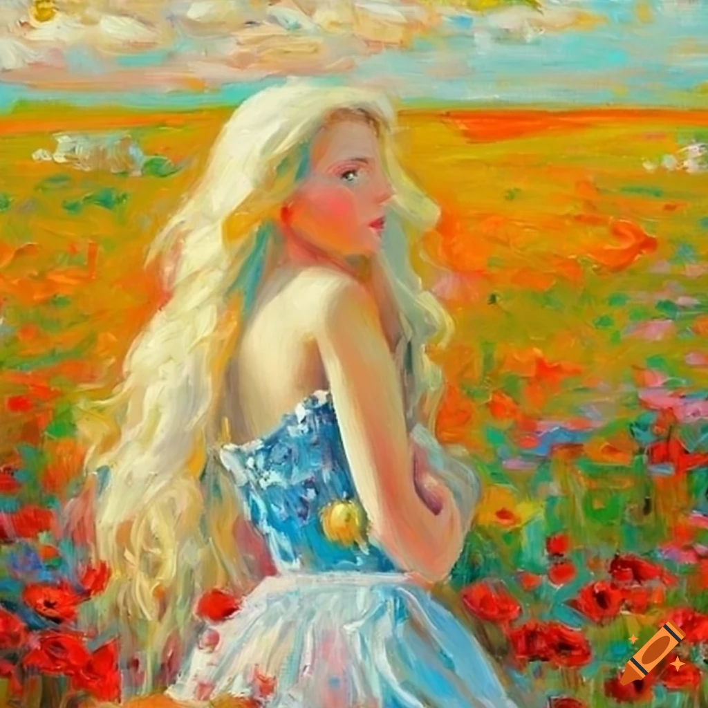 Impressionist oil painting lady with long blonde hair 50th birthday in a  field of flowers on Craiyon