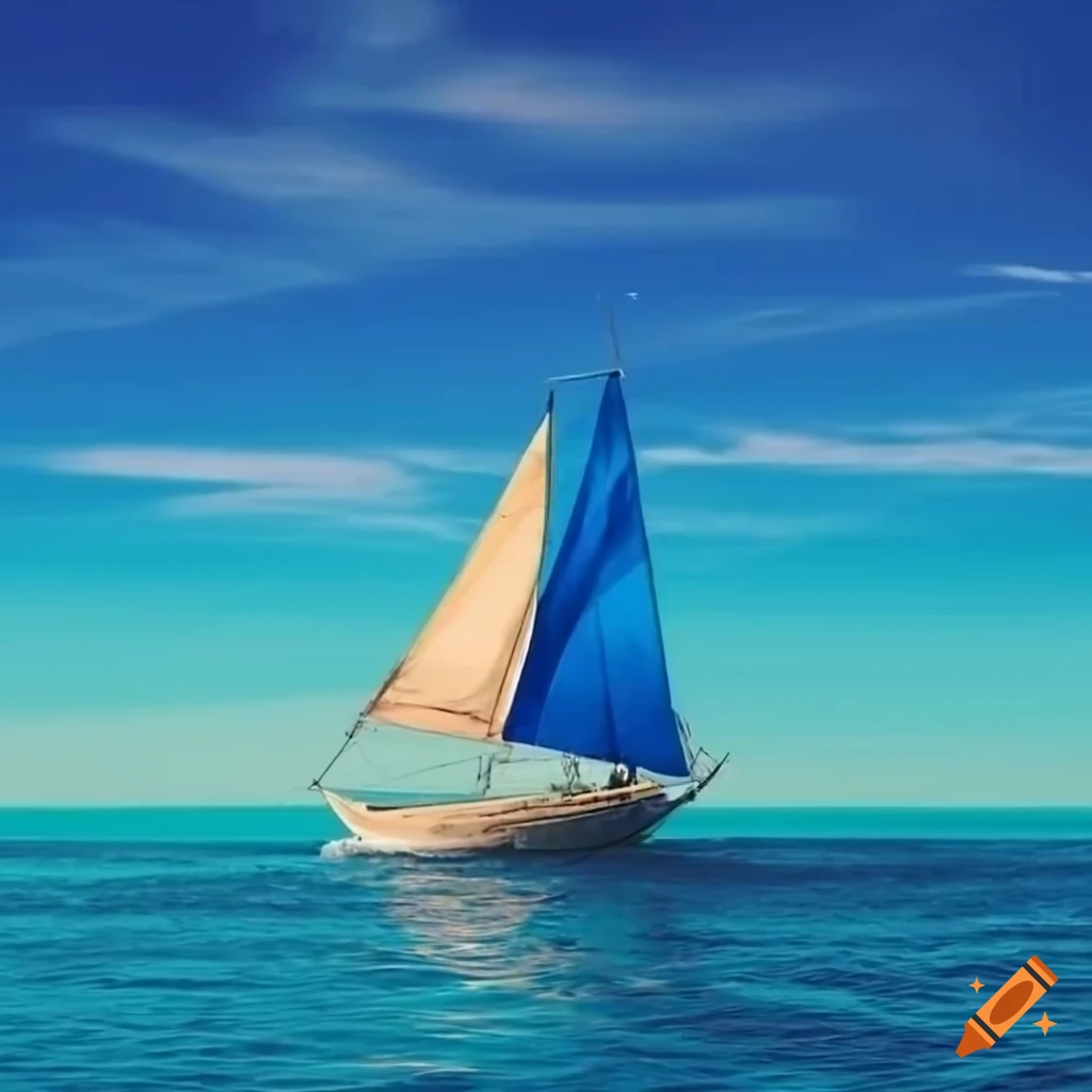 Sailboat with vibrant blue sails, leaning into the wind on a turquoise sea