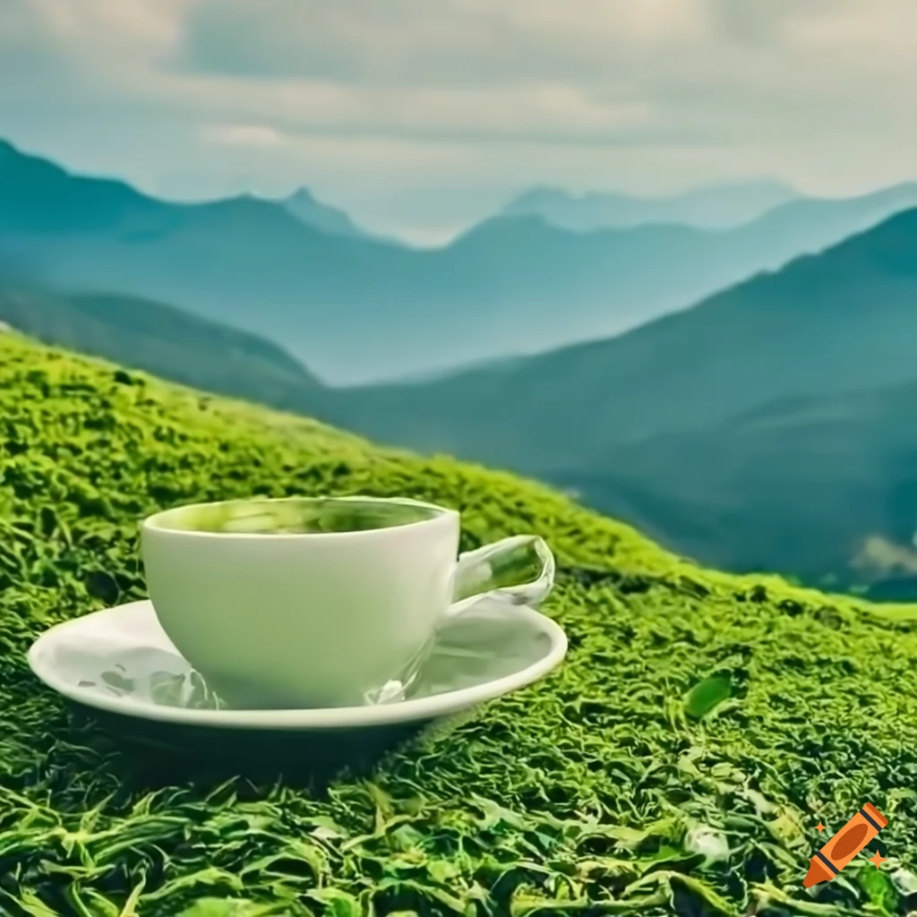 An full hd picture with a full cup of green tea with a tea bag in it and a  tea leaves around it and a beautiful landscape of mountains in the  background