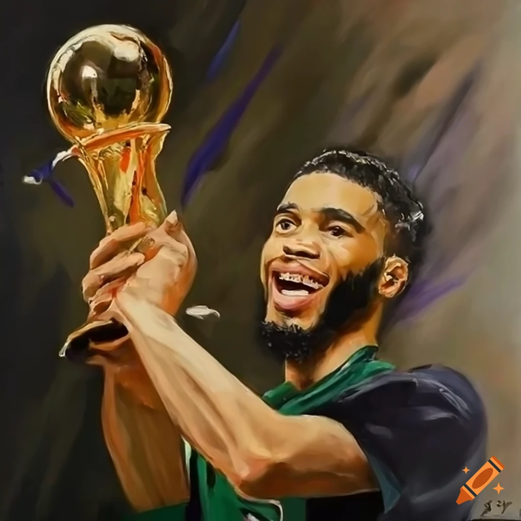 An impressionist oil painting of jayson tatum lifting the larry o'brien  championship trophy
