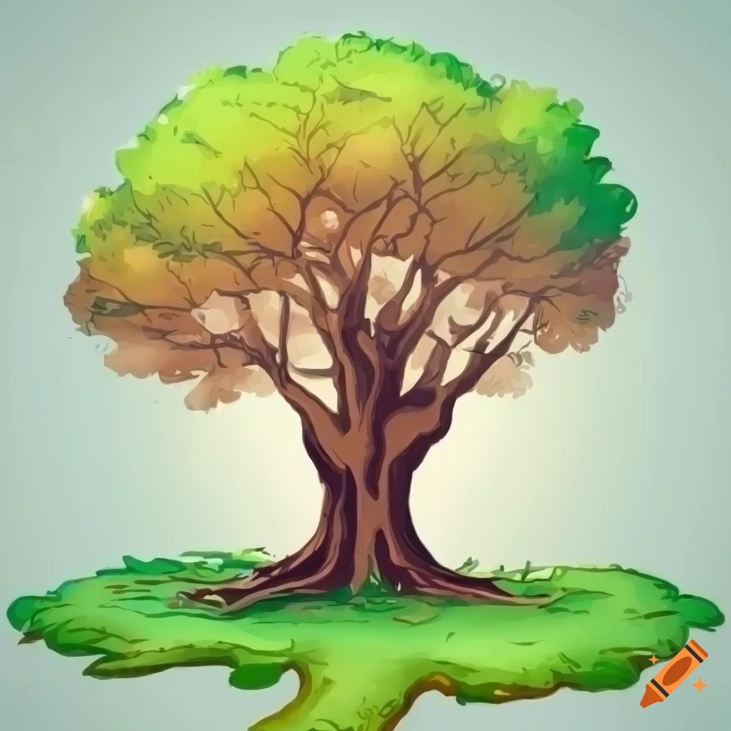 Dibujo de un arbol sano con sus raices bajo el suelo, con tronco y raices  de color marrón y hojas de color verde, fondo blanco on Craiyon