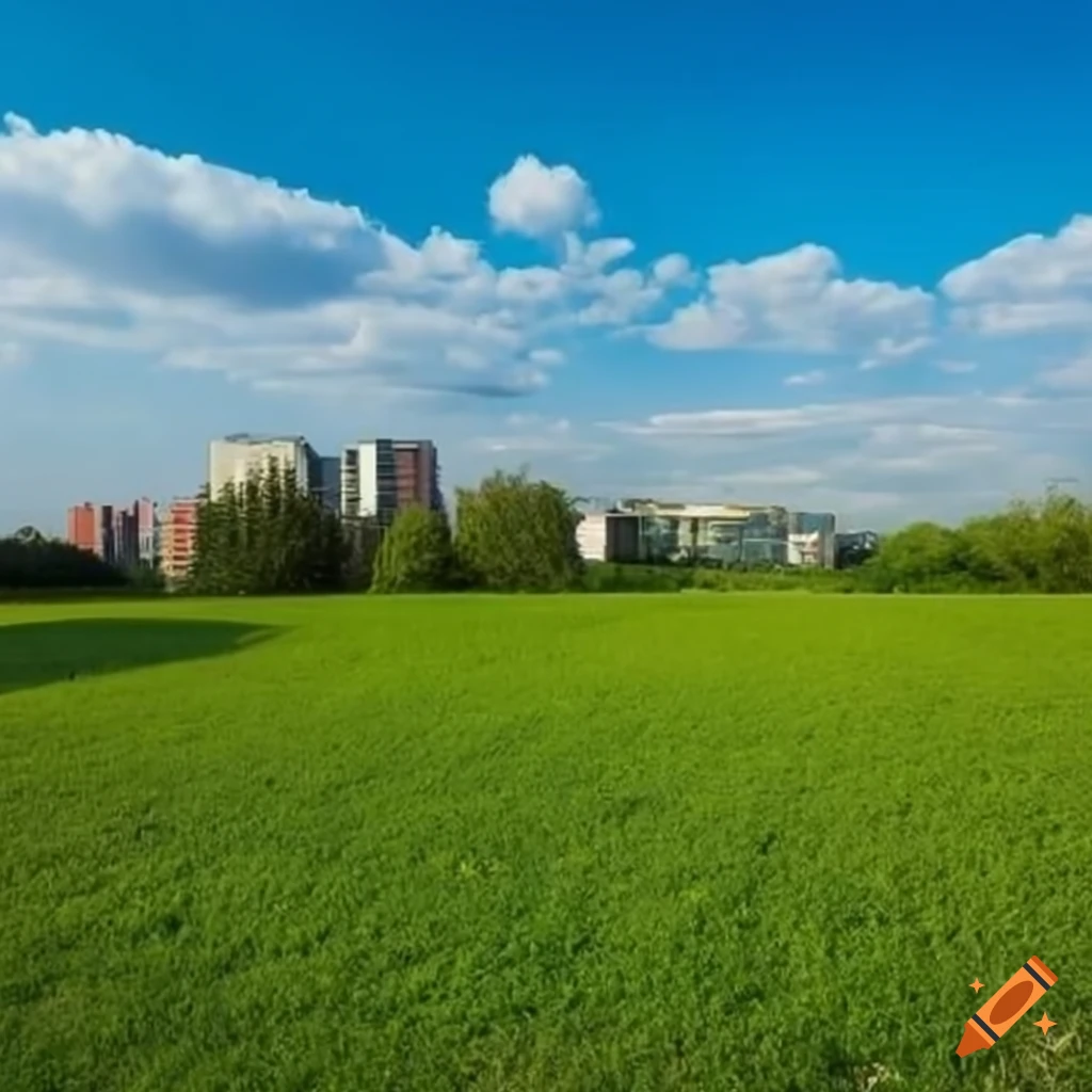 A plot of square land with grass between several modern buildings with