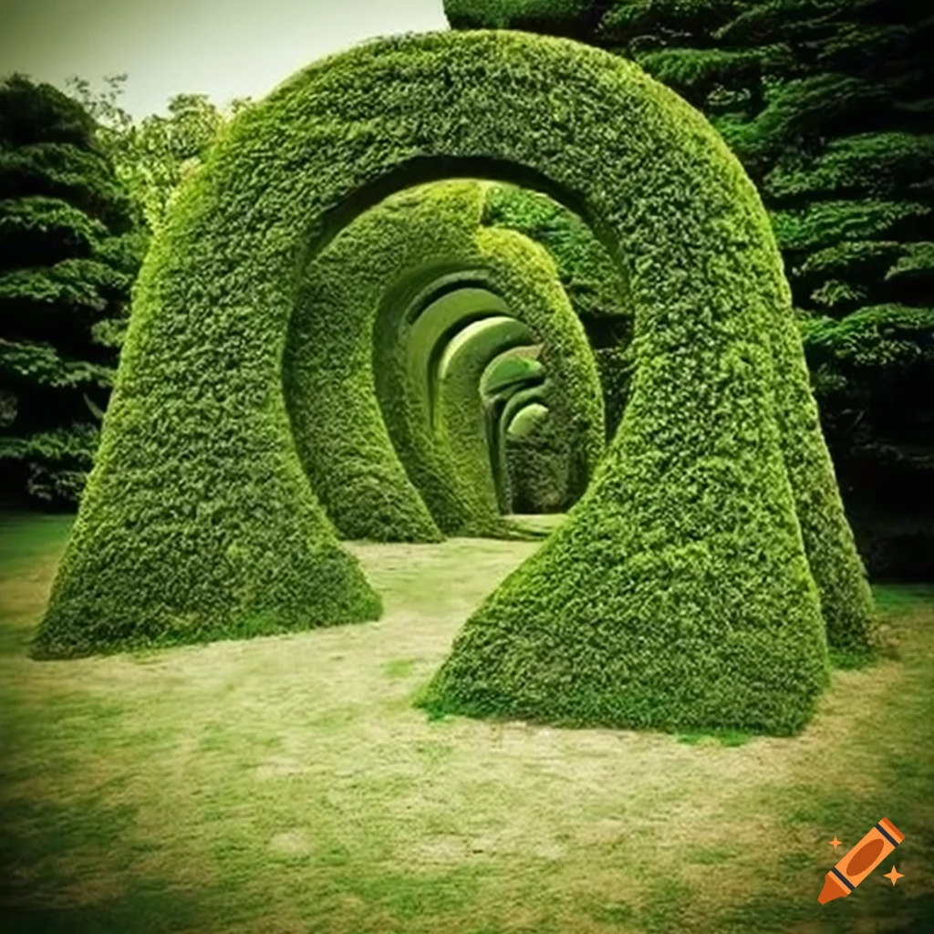 Surreal garden of stone sculptures and geometric hedges