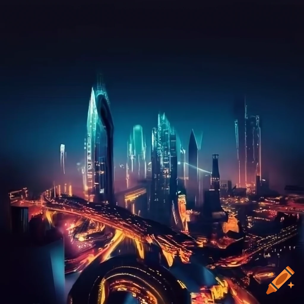 Futuristic cityscape at night with flying cars and buildings