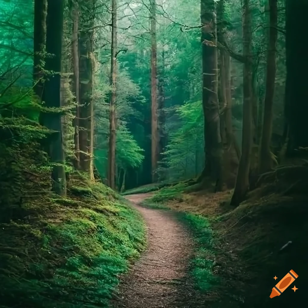 Enchanted forest with a path towards a vibrant cabin on Craiyon