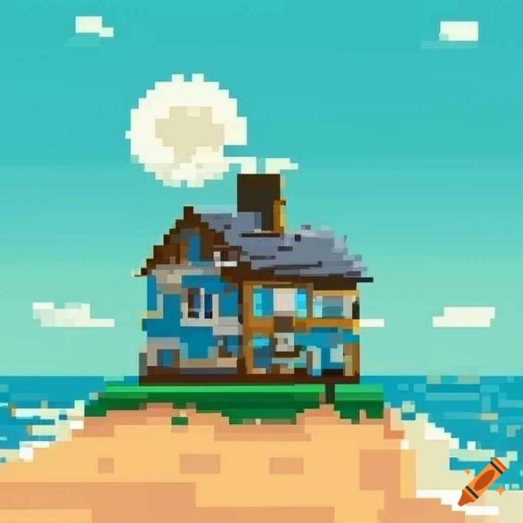 Generate a logo of beach house pixelart on craiyon