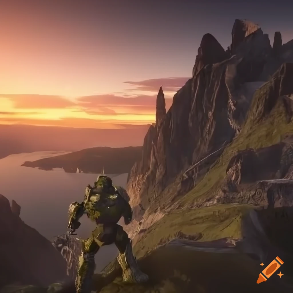 Halo Infinite armor Master Chief, walking uphill, halo ring horizon in  background, alpine landscape with distant lake, distant floating pillars,  photorealistic on Craiyon, image size:1024x1024