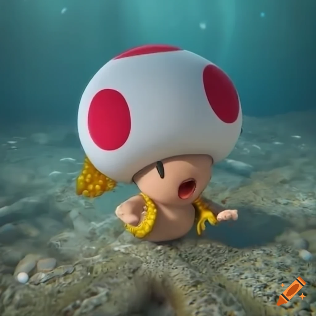 Animated nintendo toad swimming in an underwater environment on 