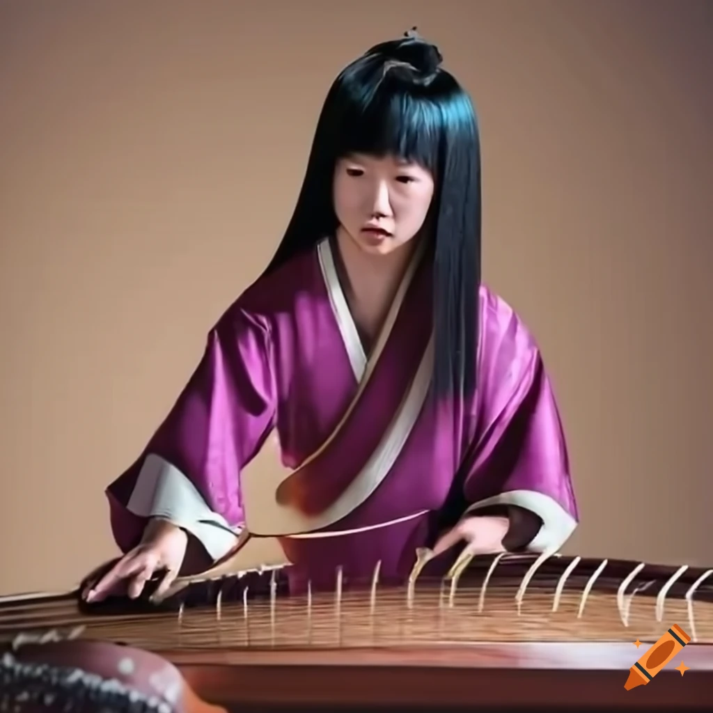 Japanese musician playing a traditional Koto instrument on Craiyon