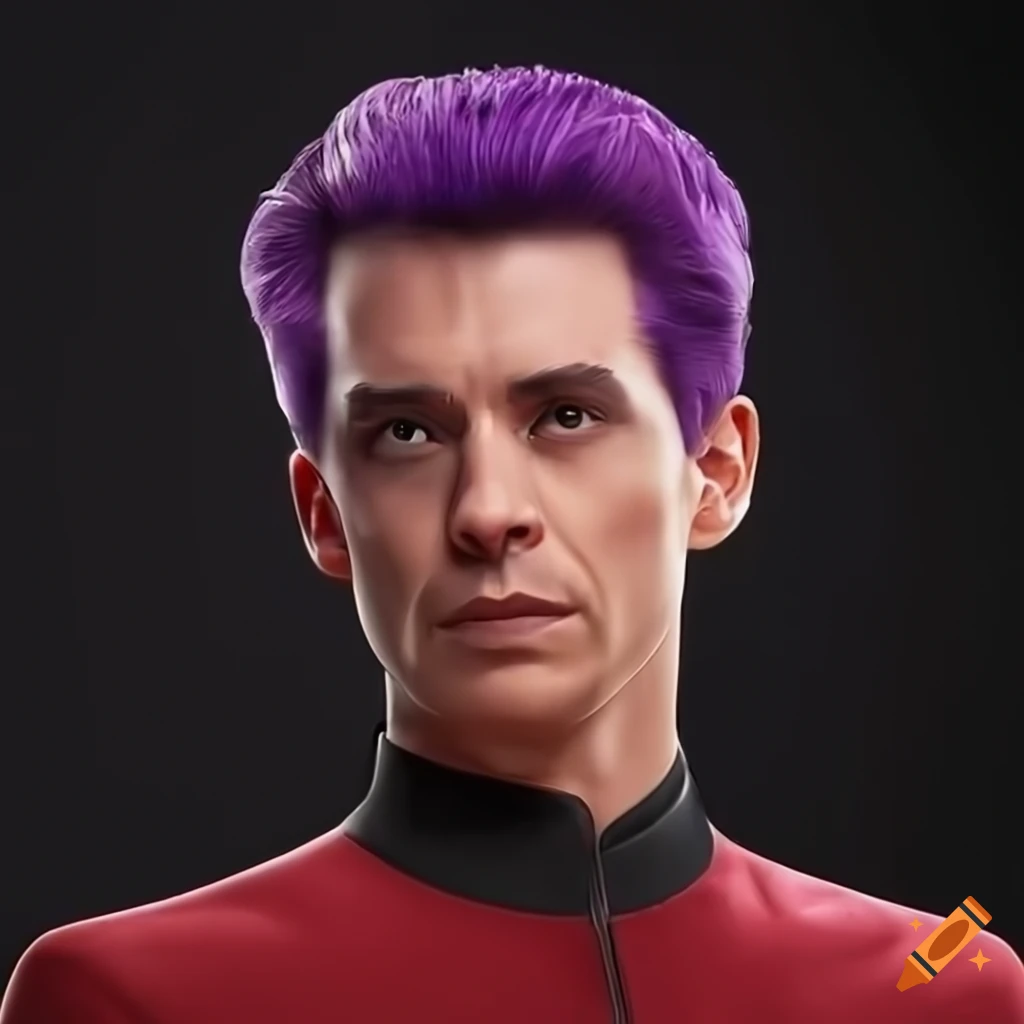Ensign Boimler from Star Trek Lower Decks as a real human, he's a young man with styled, dark purple hair, he's wearing a red and black star trek uniform with zipper on the front, hyper realistic photographic portrait