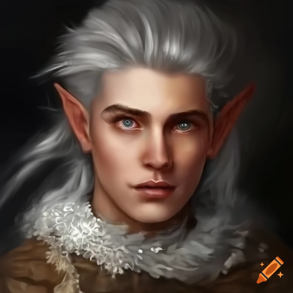 Male elf in winter gear gazes into the distance, large tilted eyes ...