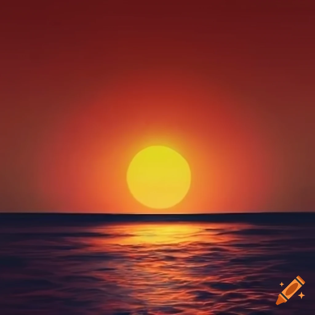 Draw a sunset over a calm ocean with orange, pink, and purples of the ...