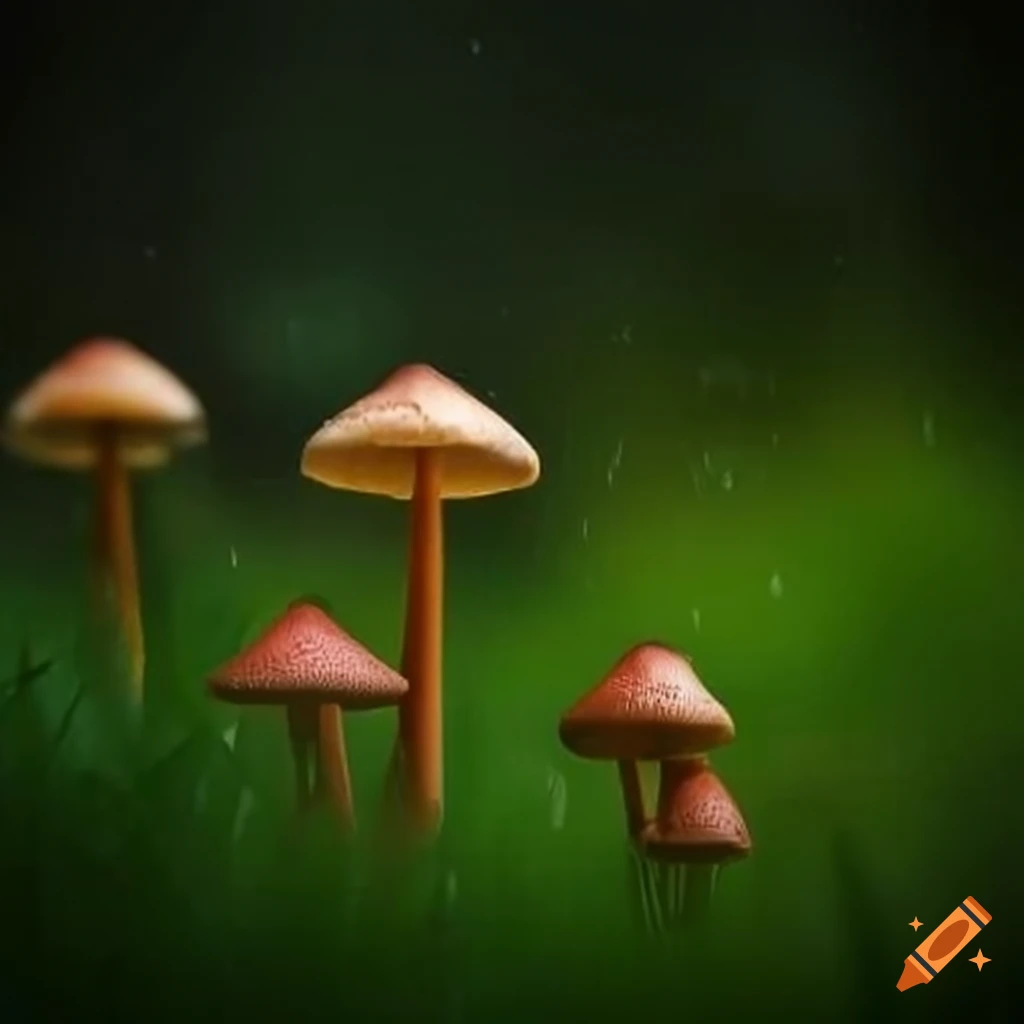 Mushrooms everywhere falling over. growing in grass, overcast with rain