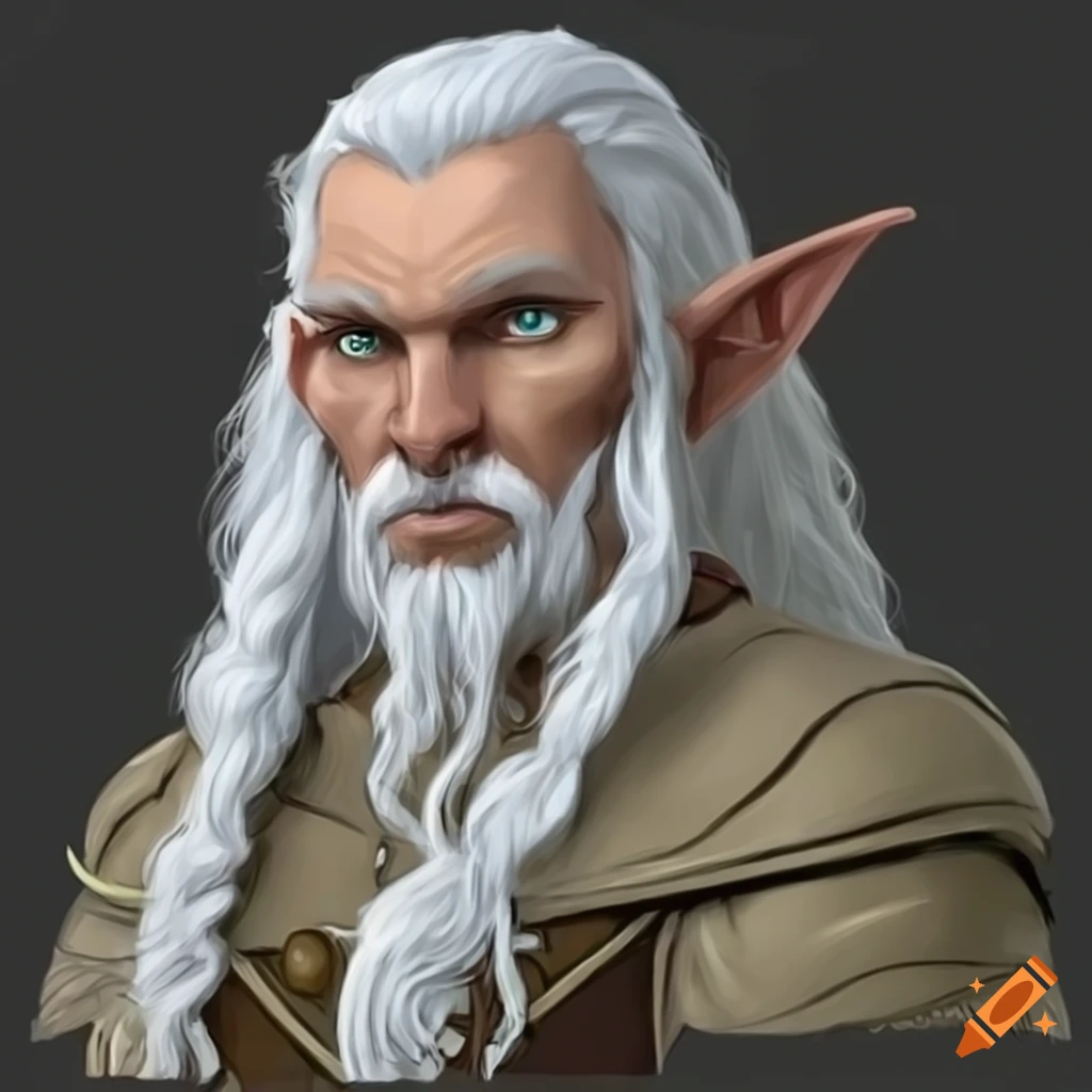Dungeons and dragon character, white long hairs and beard, elf