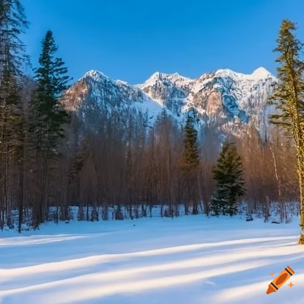 A big forest with a snowy mountain behind on Craiyon