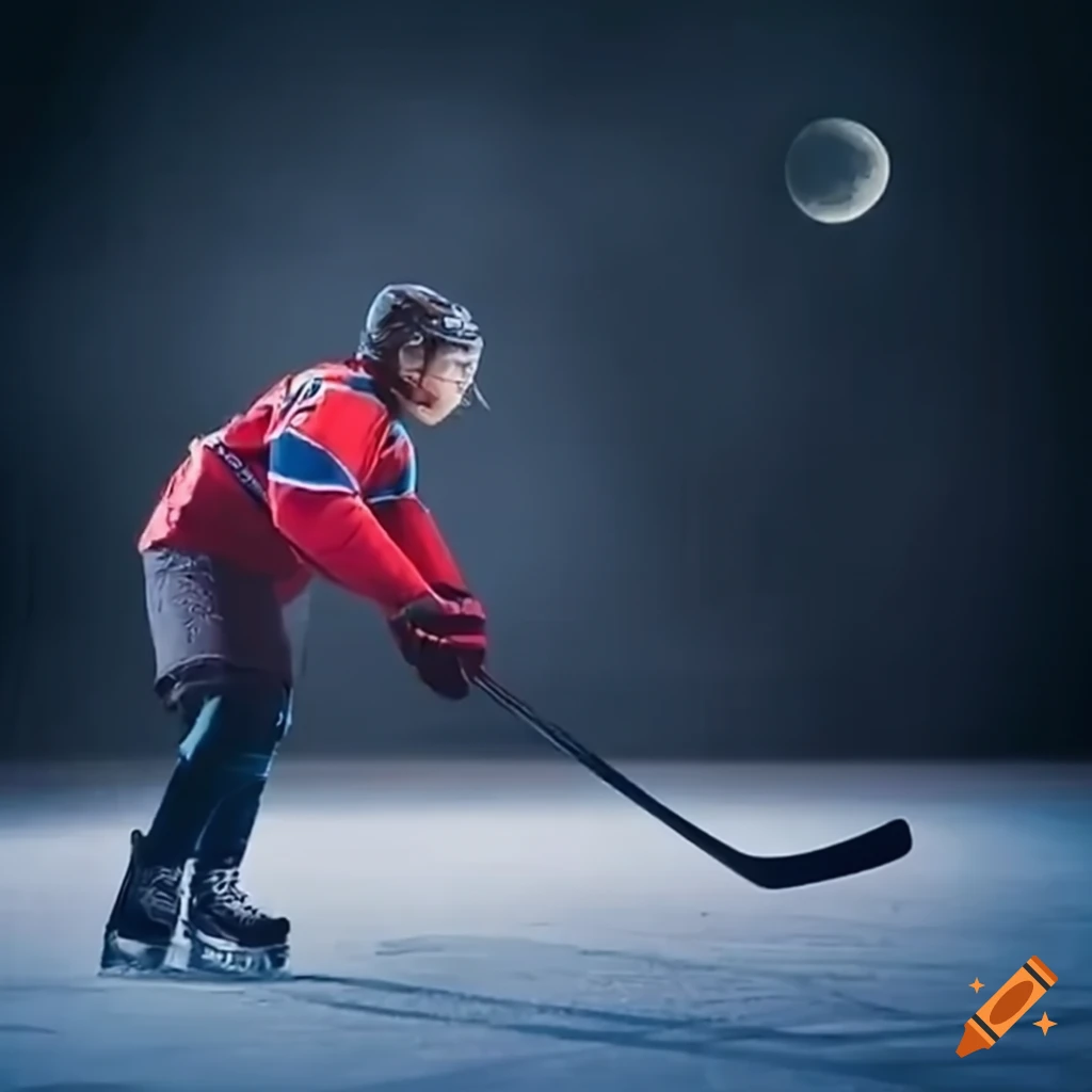 A person playing thrilling ice hockey under the moon's light on Craiyon