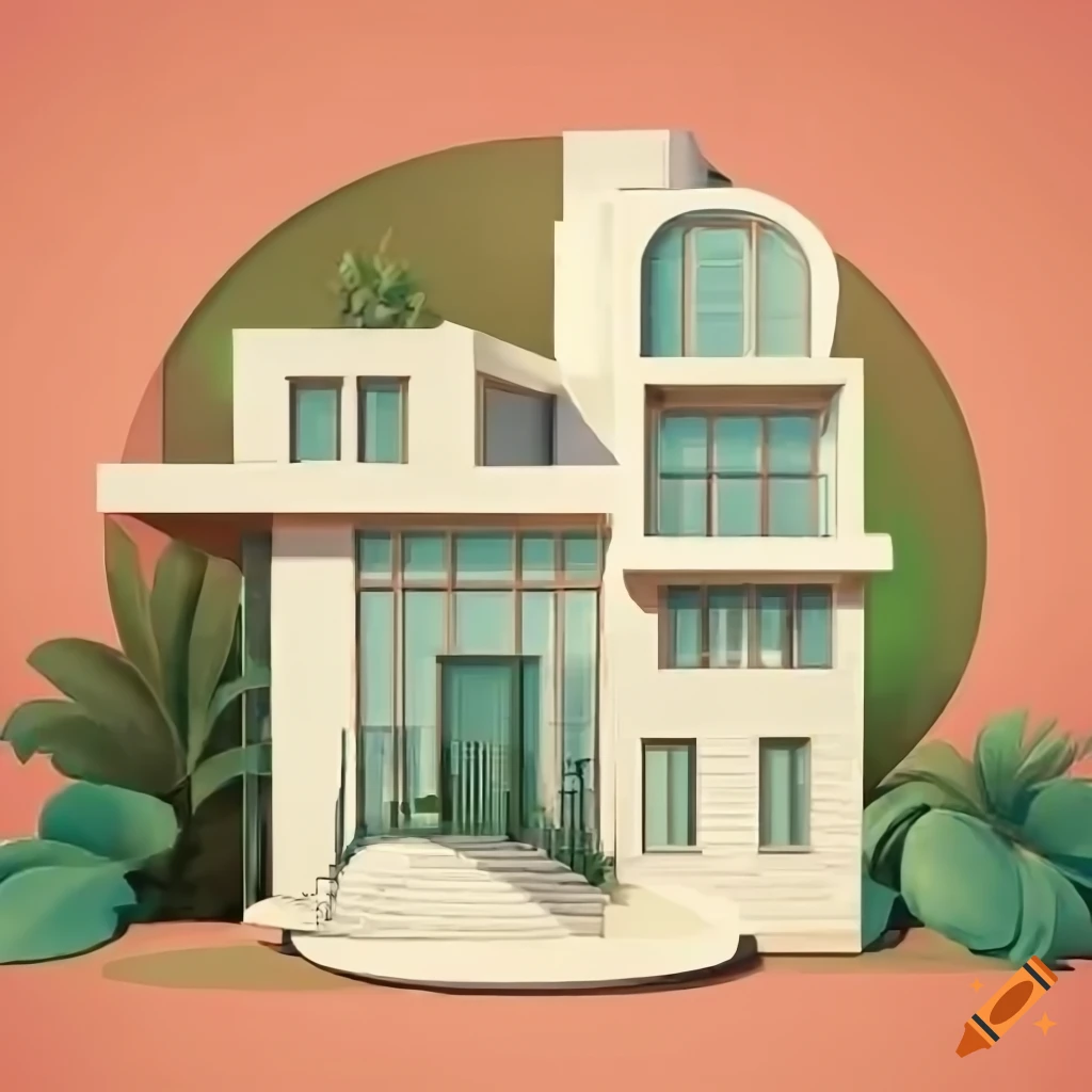 Illustration of an art deco house with cozy outdoor living spaces, art ...