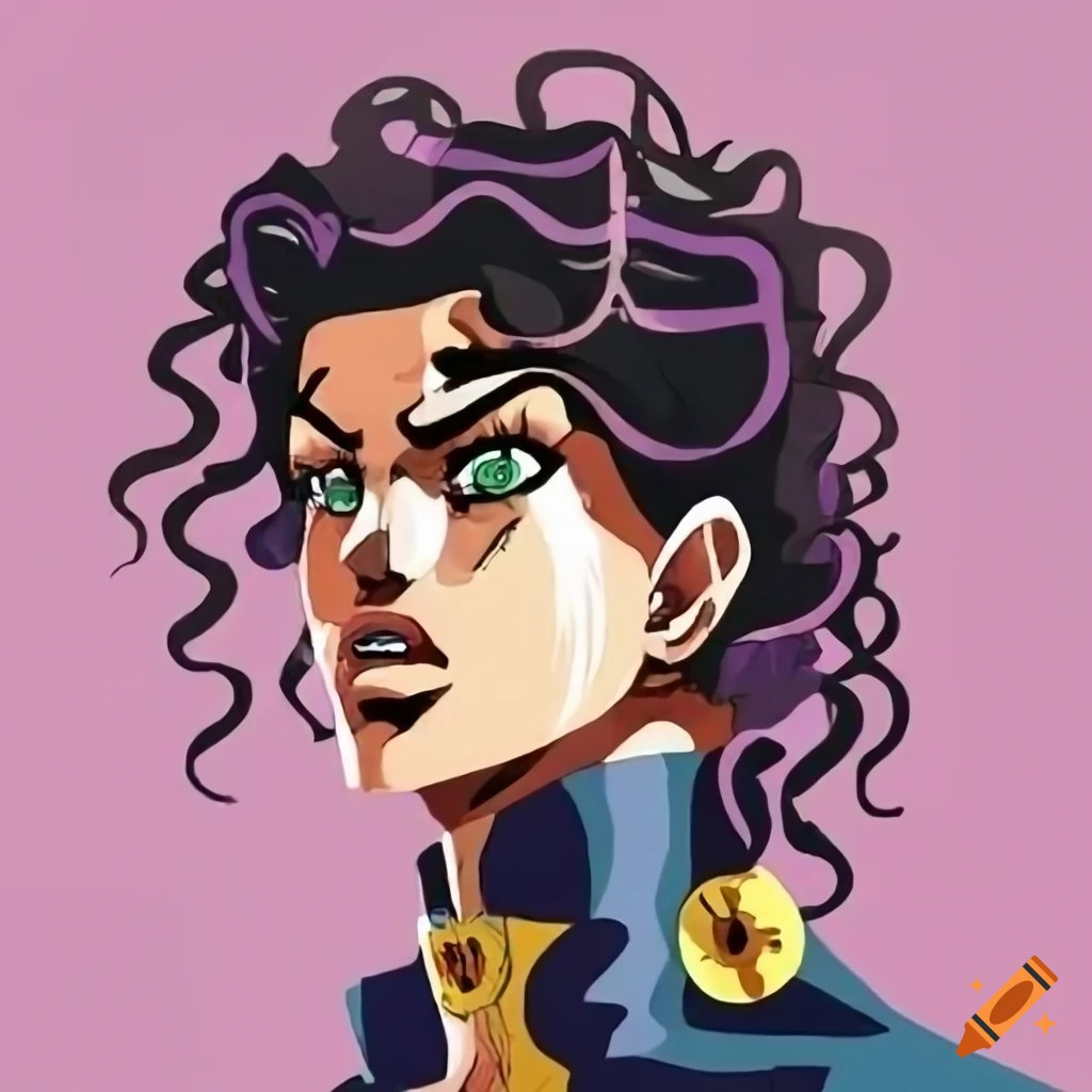 A boy with long curly dark brown hair in jojo's bizarre adventure art