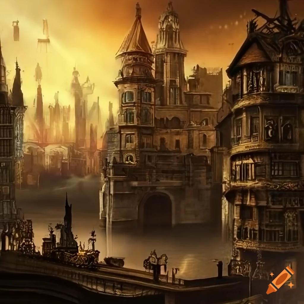 Detailed steampunk city forum on Craiyon
