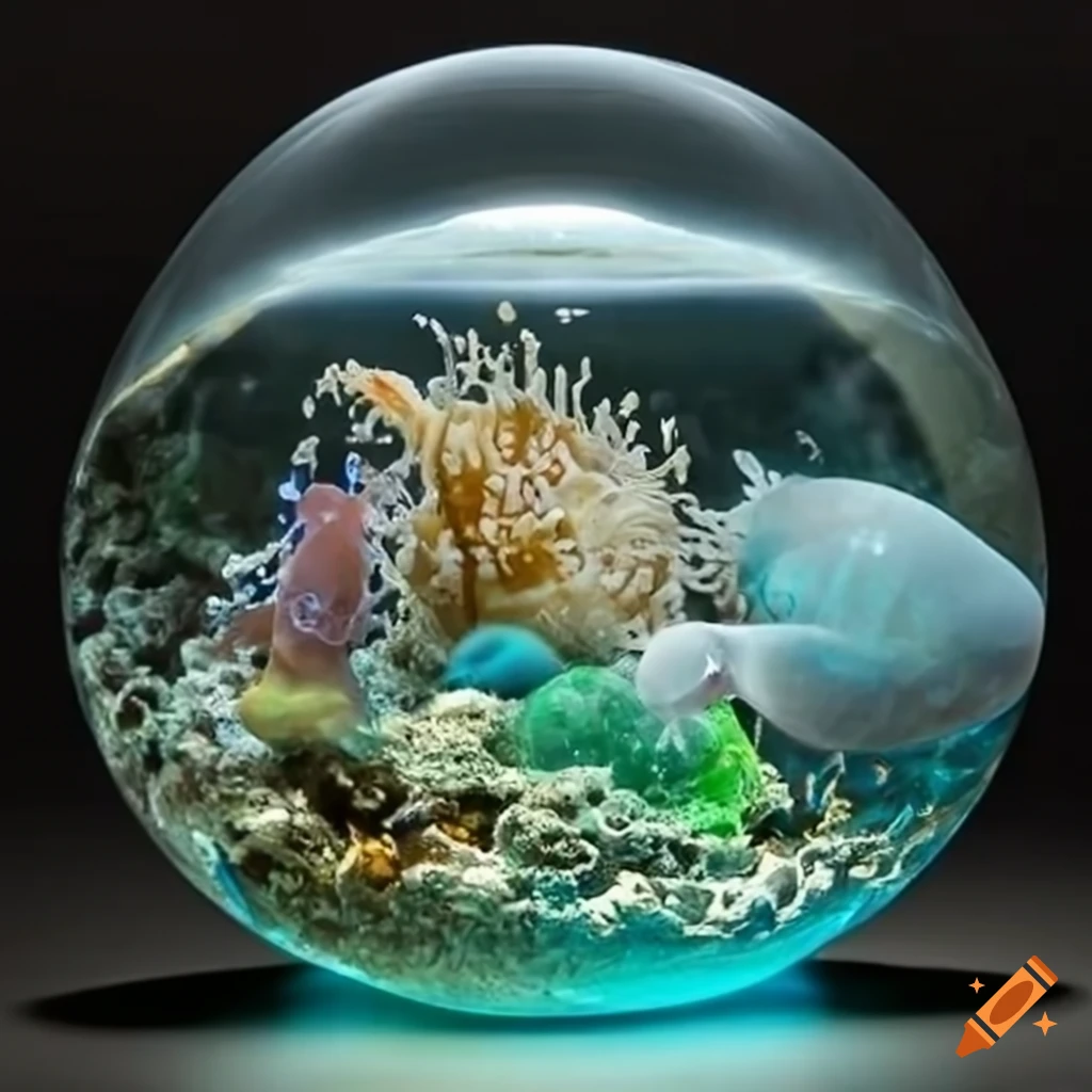 A mesmerizing glass globe with sea creatures in ocean ecosystem on Craiyon