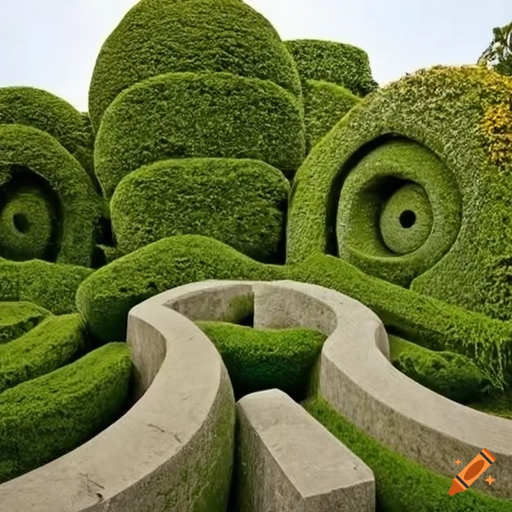 Surreal garden of stone sculptures and geometric hedges on Craiyon