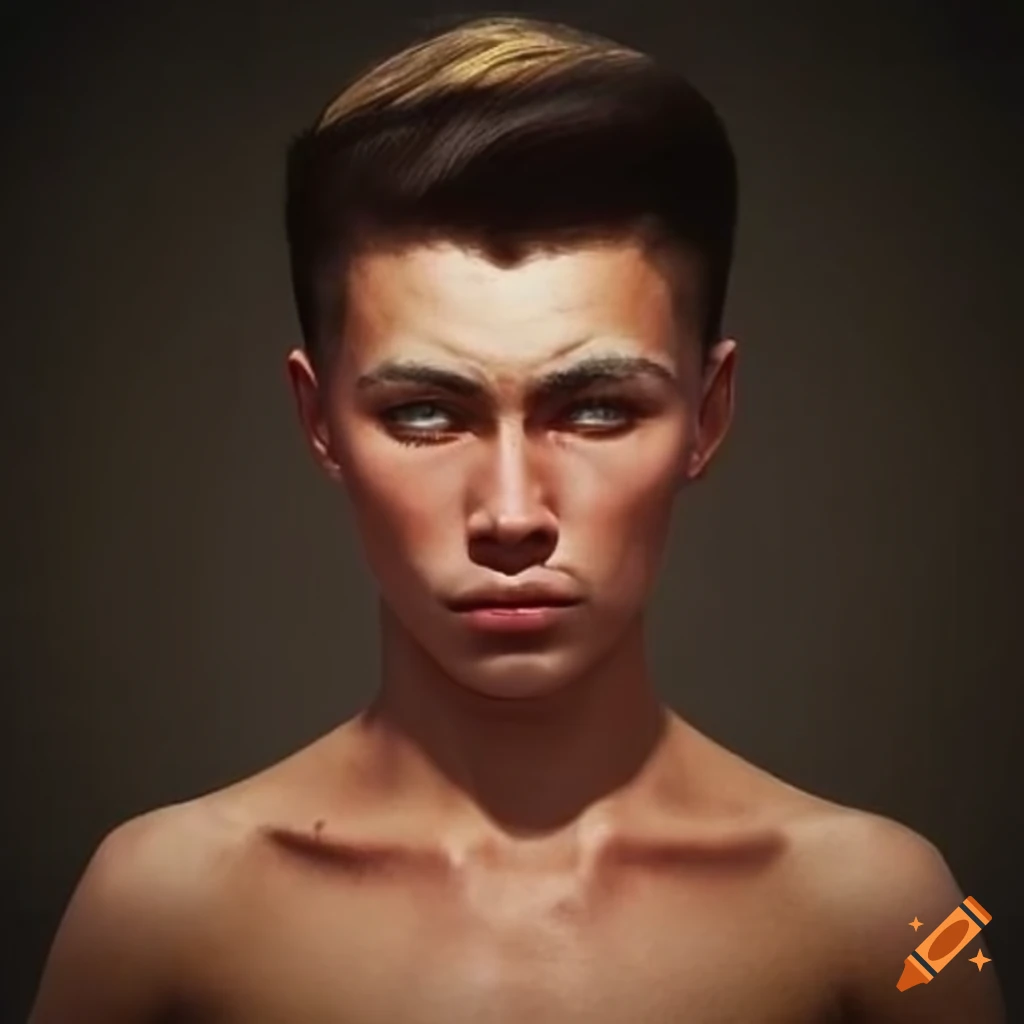 Tatar man, tanned skin, fused eyebrows, hairstyle hair up