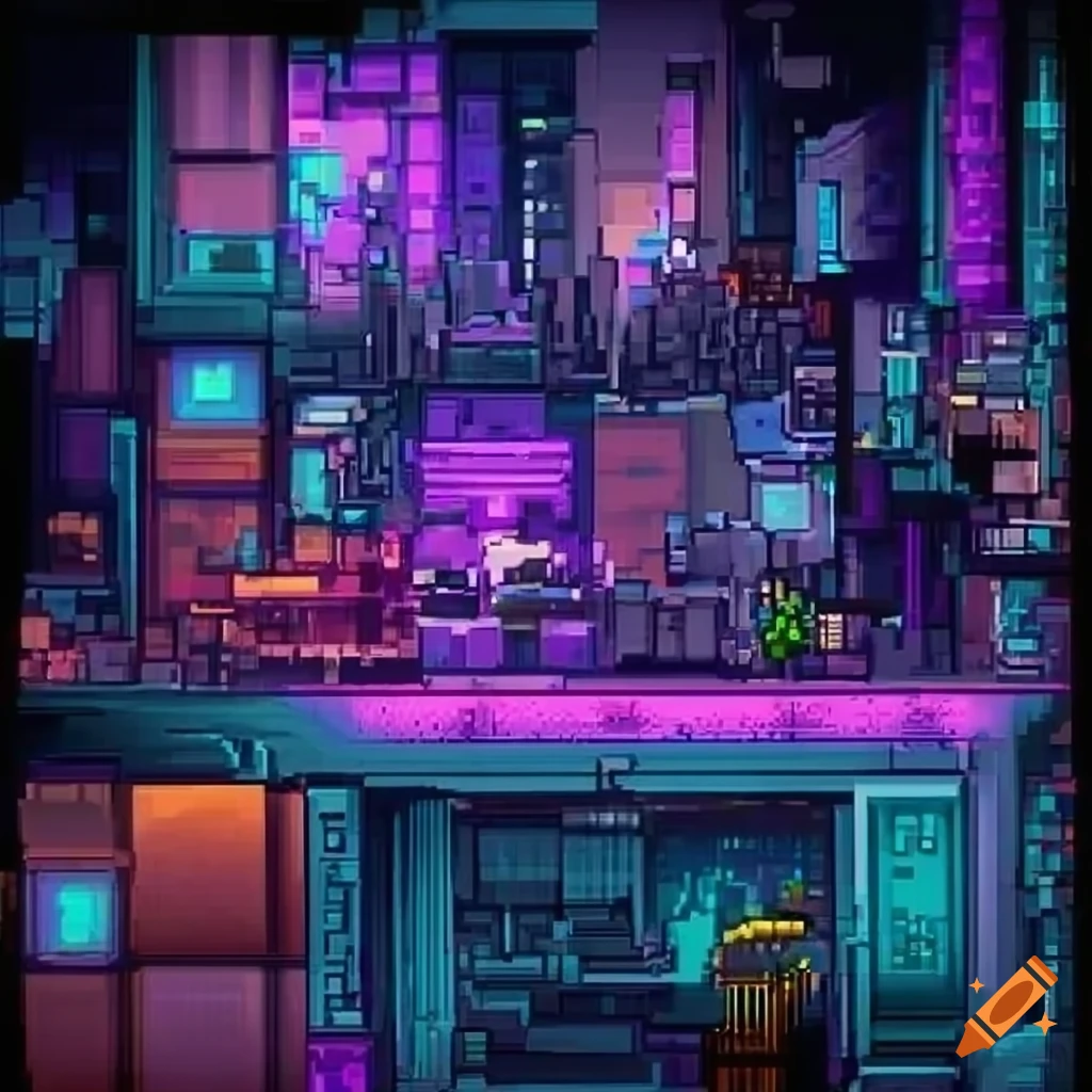 Pixel art cyberpunk full length game terrain on Craiyon