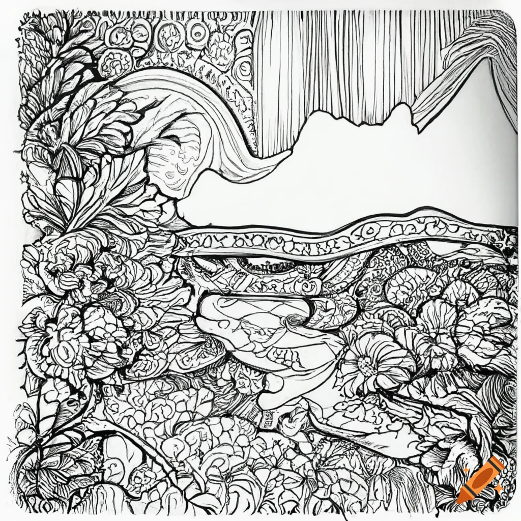 Simple coloring book page of a mandella inspired landscape, black and  white, clear defined lines on Craiyon