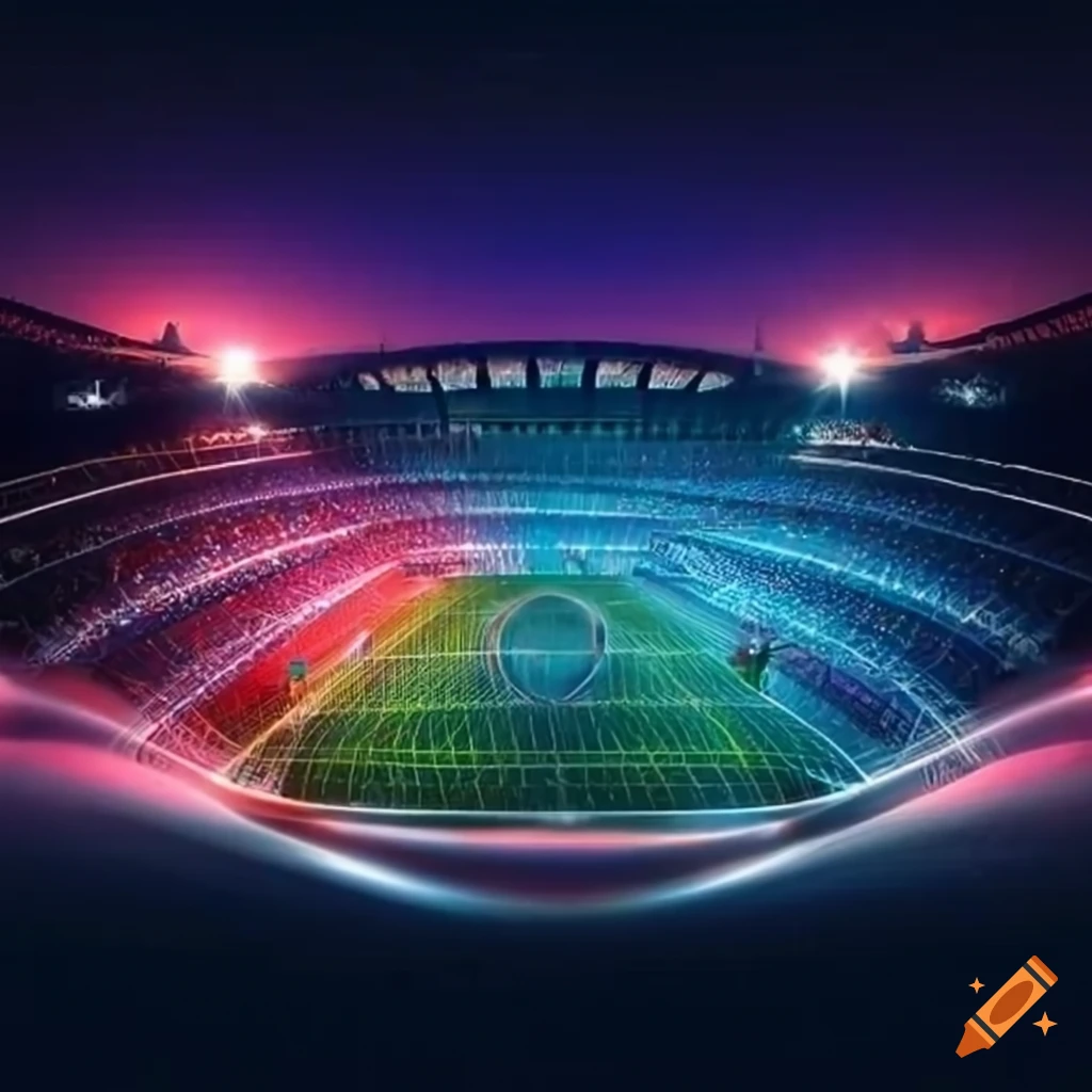 Night scene of a packed futuristic soccer stadium