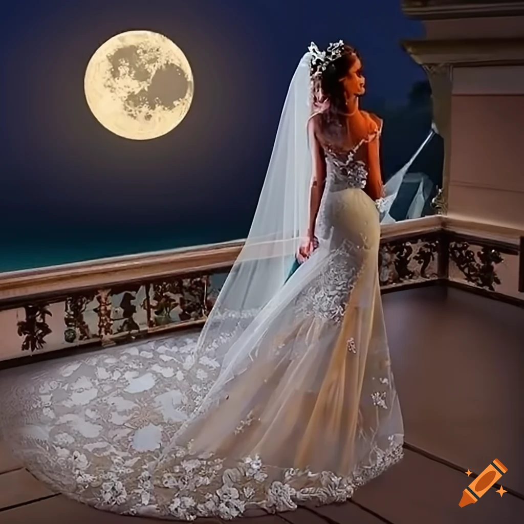 Elegant princess with long hair in wedding attire facing away from camera  with tiara and veil in diamond-studded lace ball gown with hands on a  balcony looking towards the moon and a