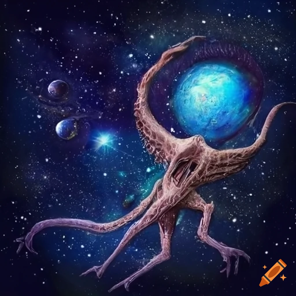 Fantasy creature in space surrounded by stars and planets on Craiyon
