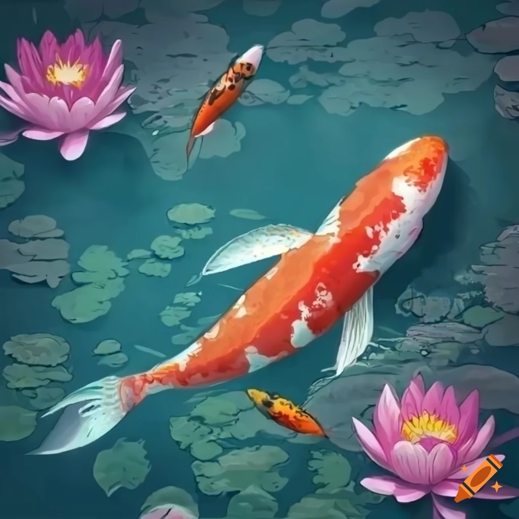Lake filled with japanese koi and water lilies, top view, anime style on  Craiyon