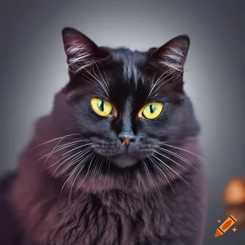 A fluffy black cat with beautiful eyes in a halloween scene