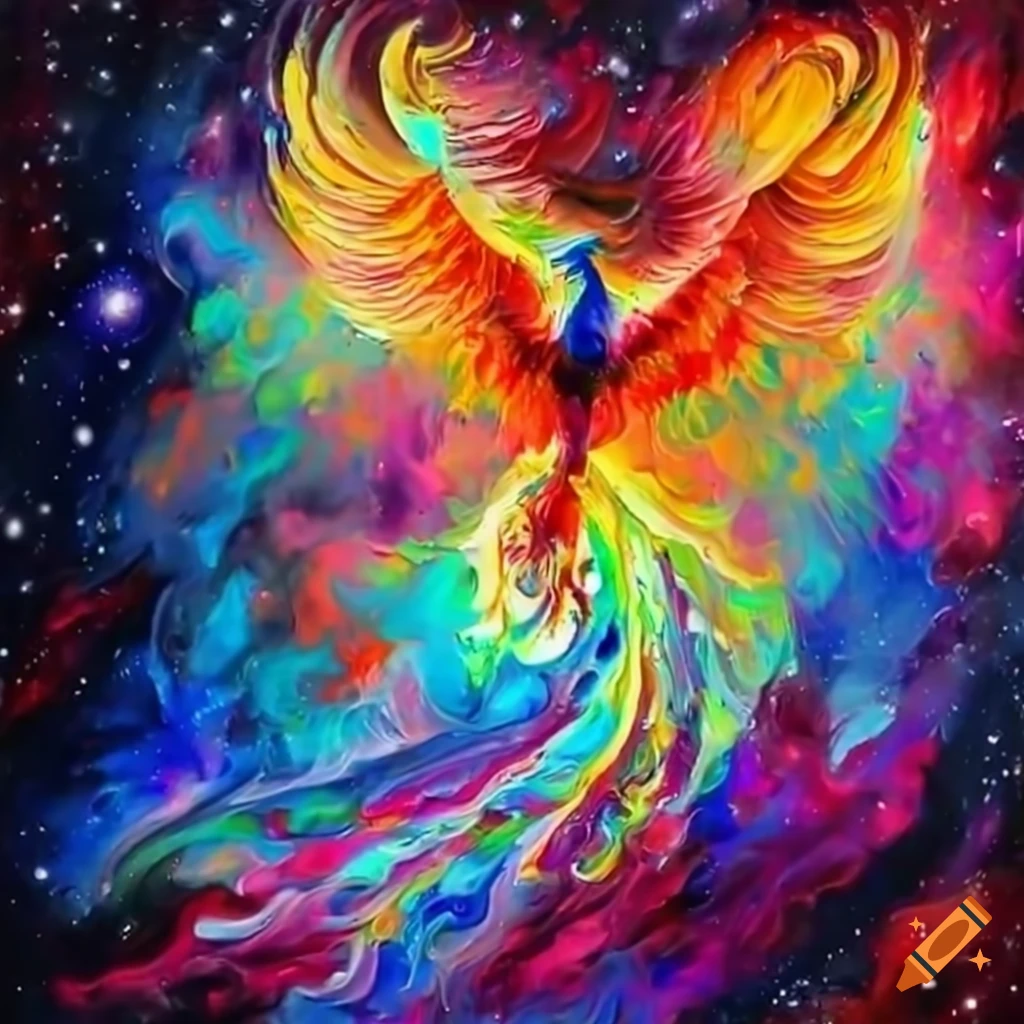 Phoenix Rising Color Scheme Powerful phoenix rising from a galaxy in beautiful vivid colors on Craiyon