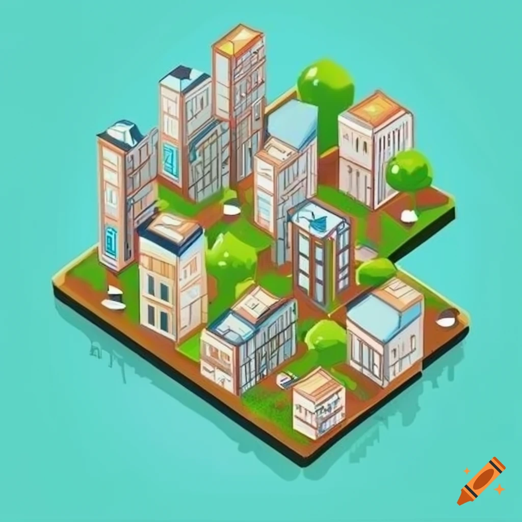 City map illustration with unique cartoon buildings top down on Craiyon