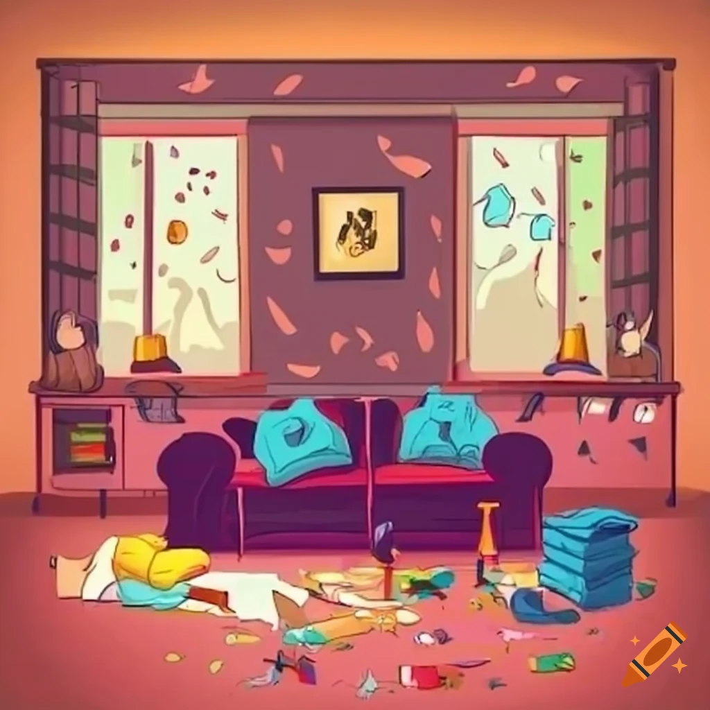 Cartoon Style Of A Messy Living Room On