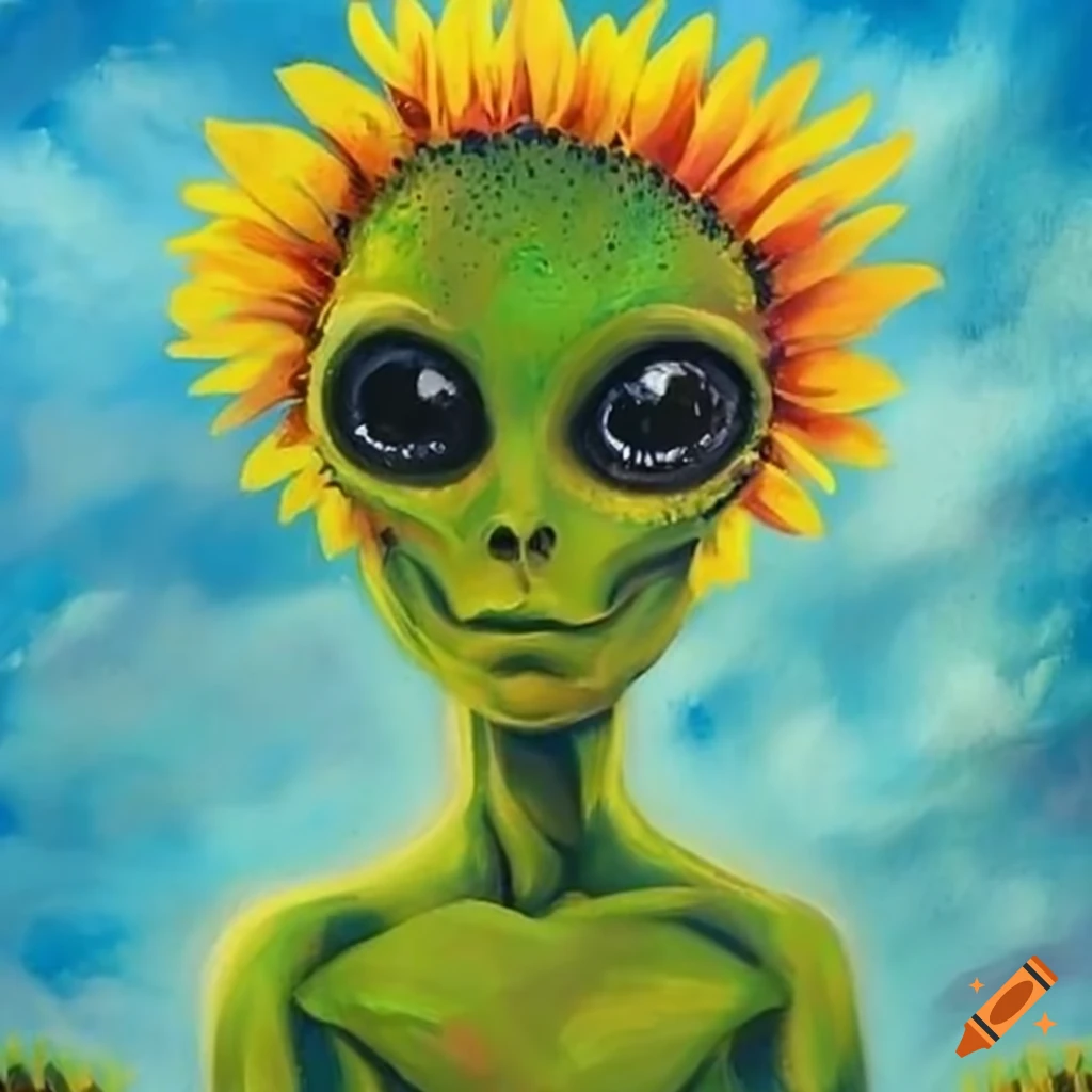 Painting of an alien holding a sunflower