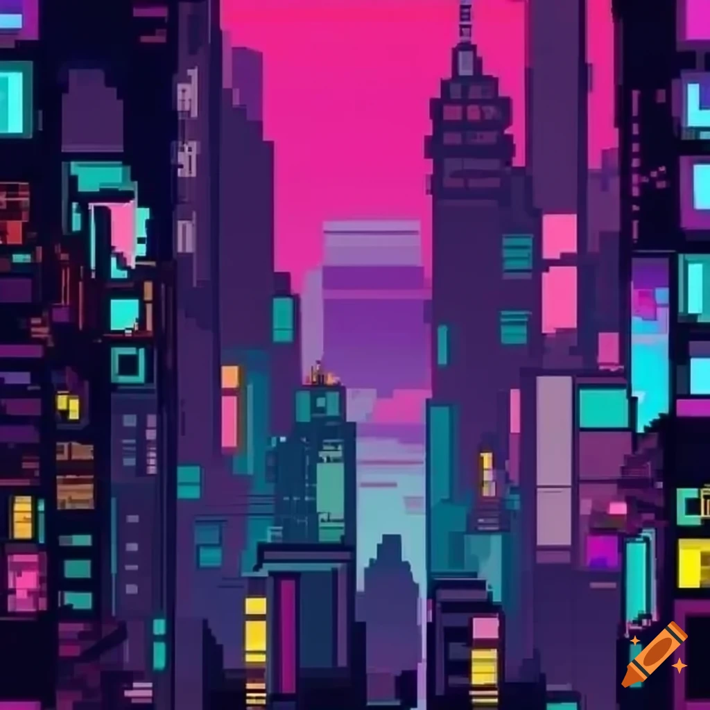 Speculative fiction scene of a cyberpunk city in the style of pixel art