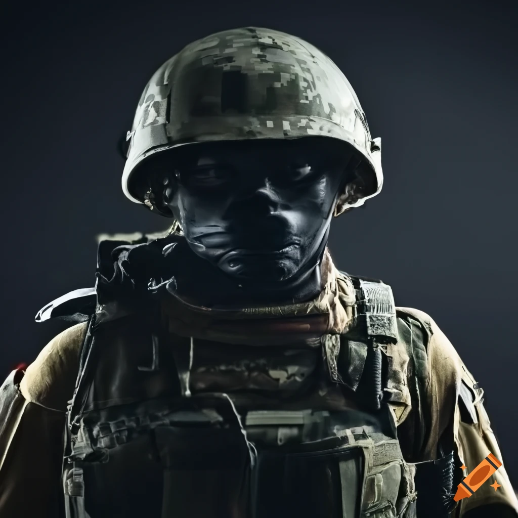 Soldier holding helmet, side view, dark atmosphere