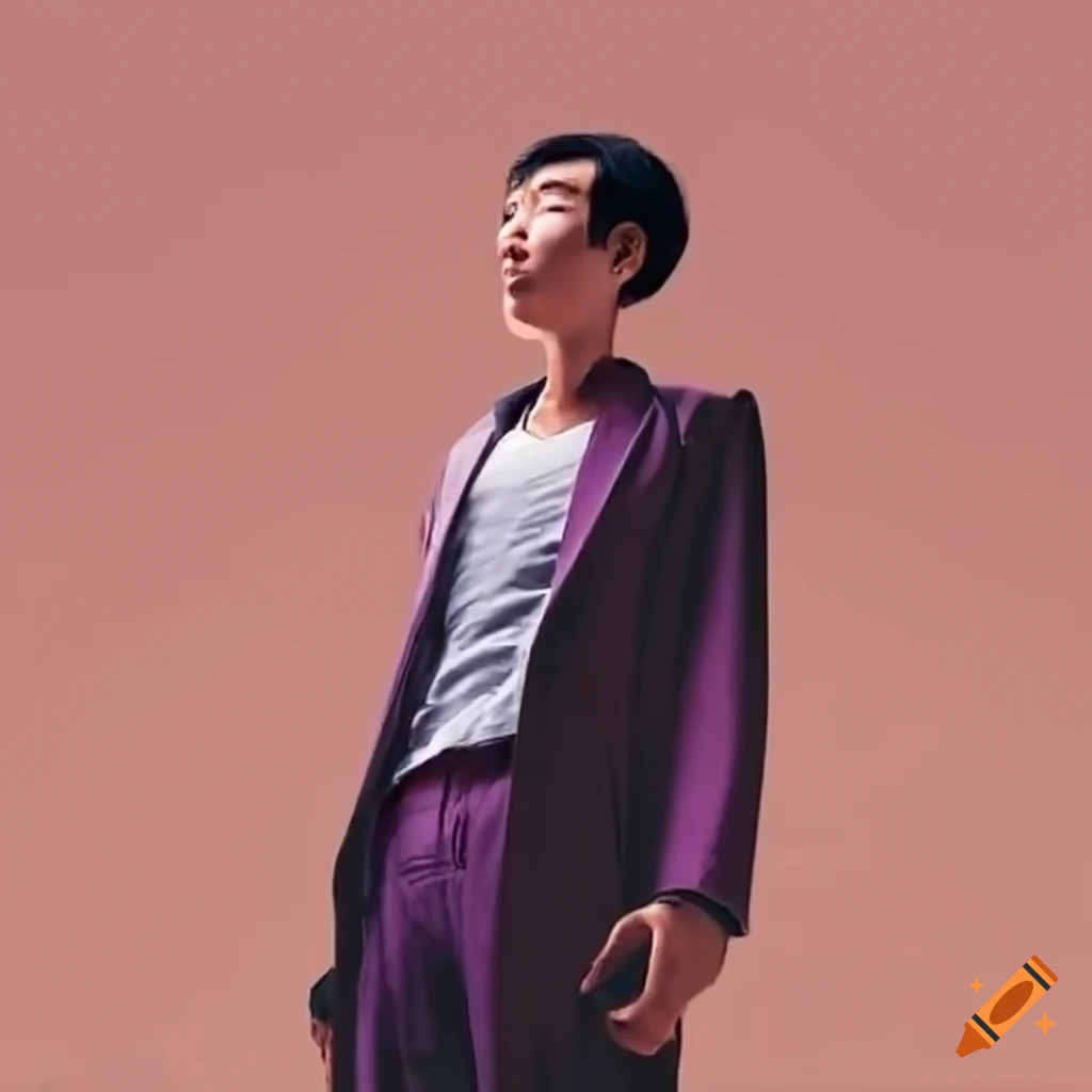 A tall asian man captured from a low angle on Craiyon