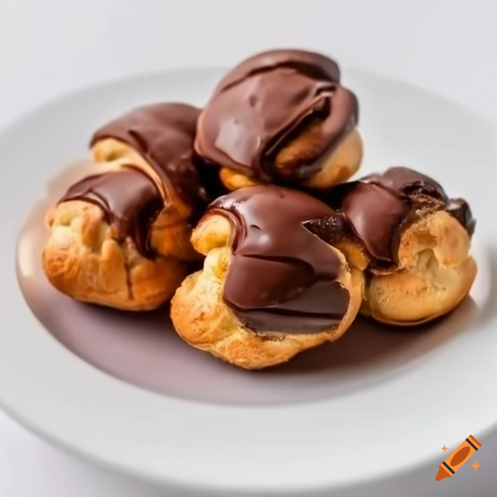 Chocolate profiteroles on a white plate with a white background