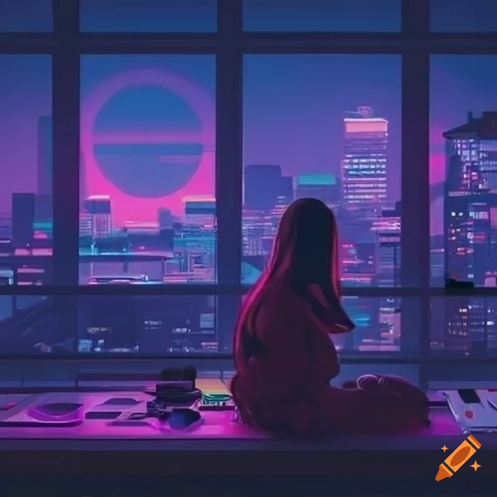 A cozy room, 80s decoration, a young japanese woman playing video games ...