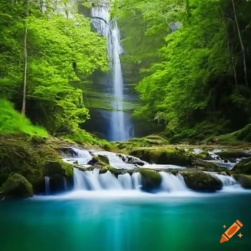 An amazing waterfall surrounded by nature and in the foreground a non ...