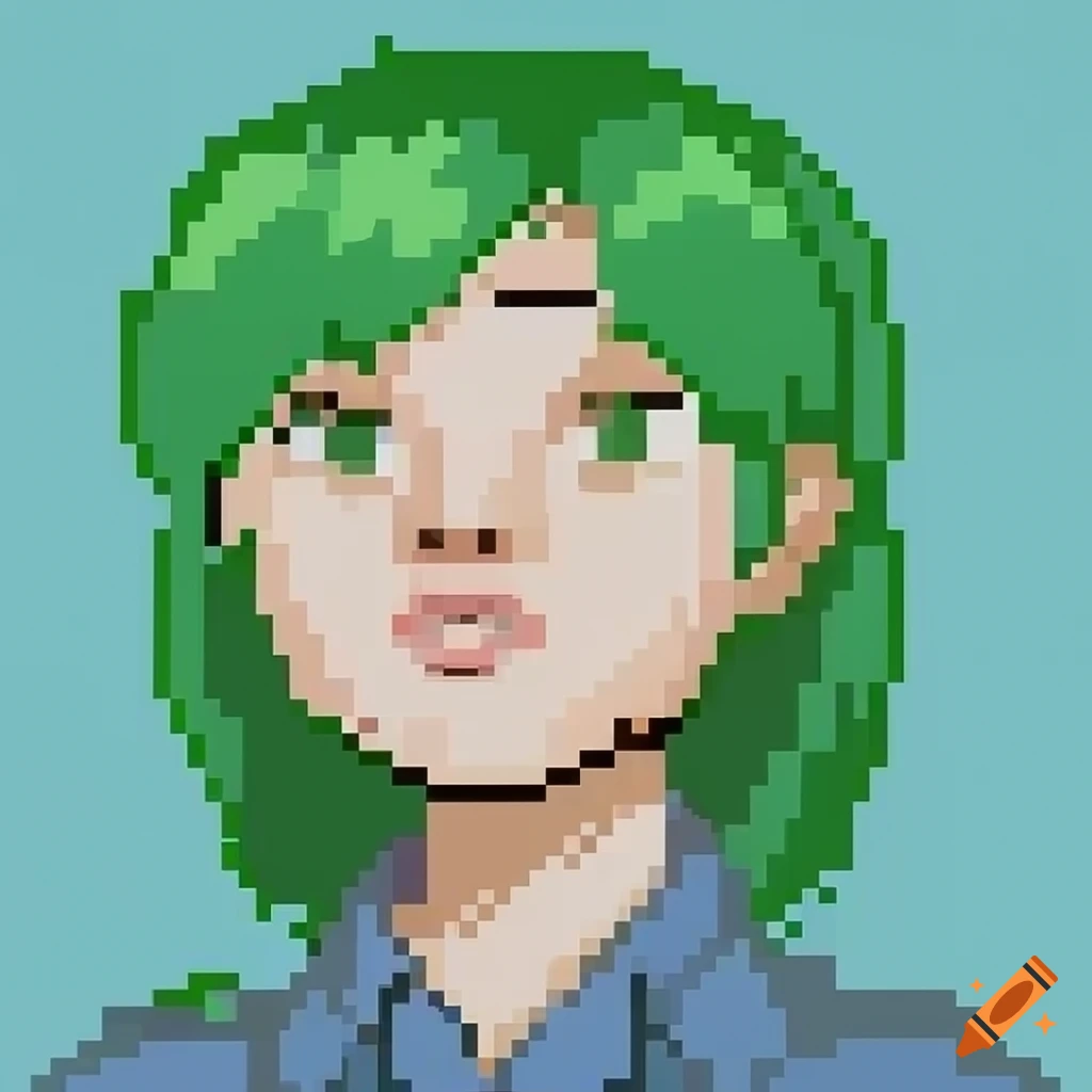 Green hair girl, short hair pig tails, blue collared shirt, pixel art, bust shot, annoyed facial expression