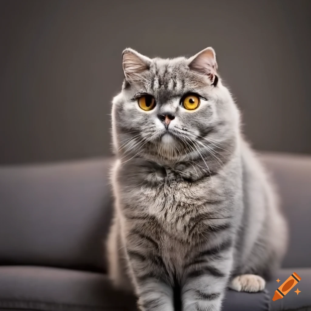 A fluffy british shorthair cat sitting on a sofa