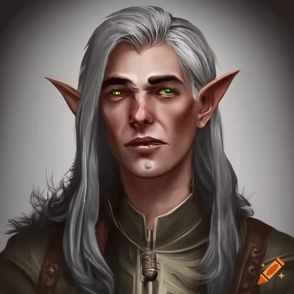 Middle aged male half-elf shop keeper gray hair