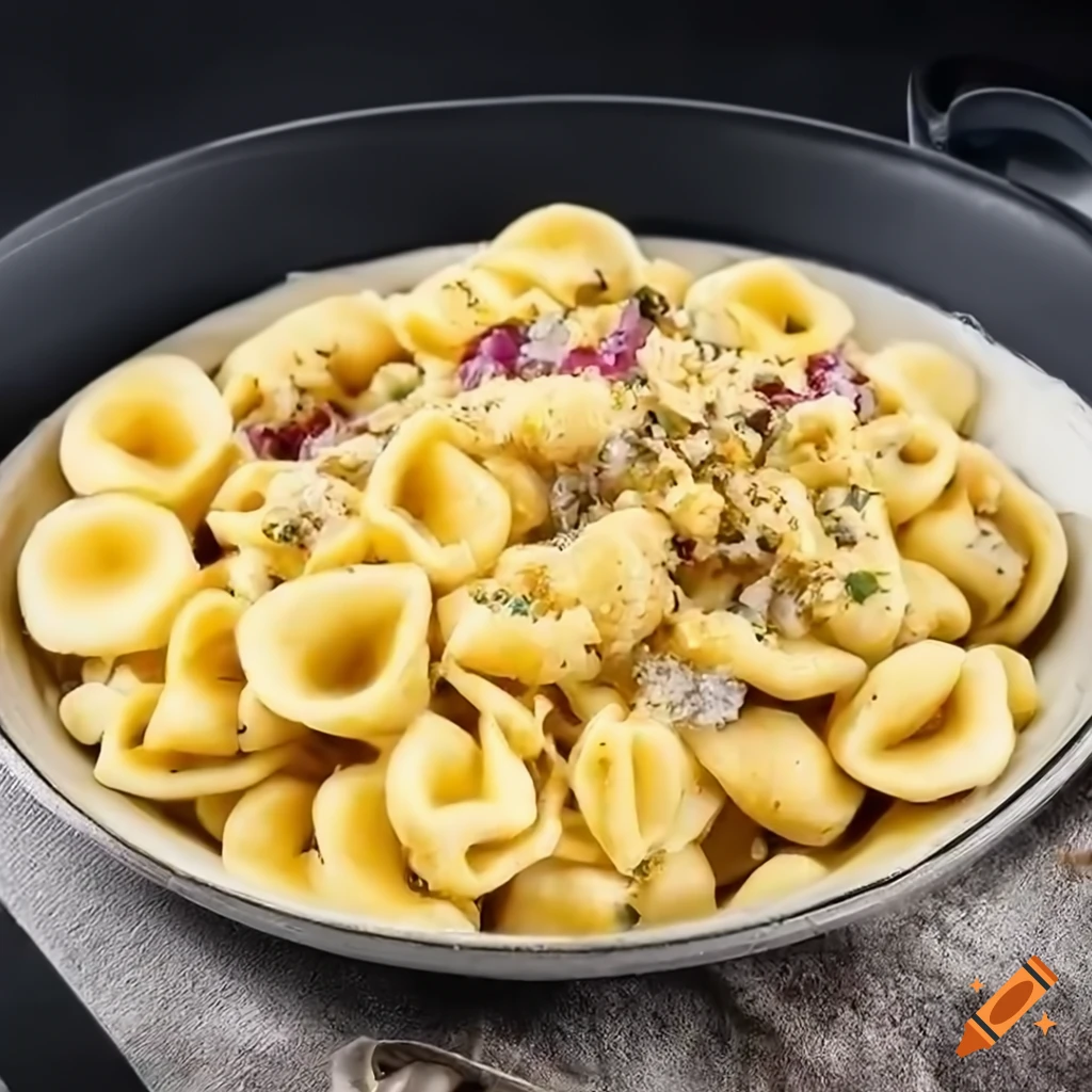 A dish of orecchiette pasta with turnips, with professional kitchen background, 8k, professional food photography