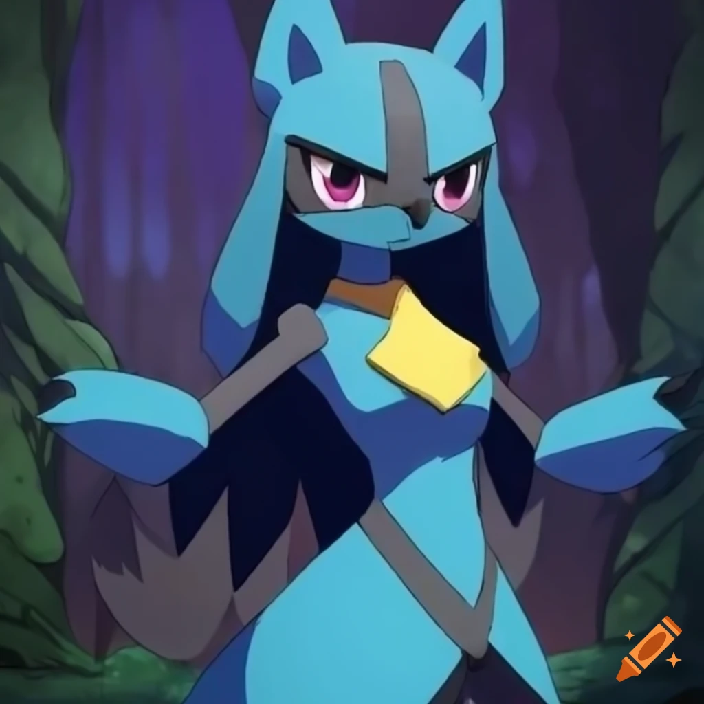 The pokemon riolu with purple eyes and a black fur in a dark