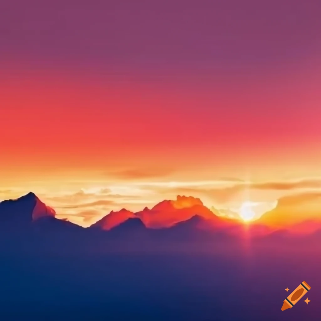Sunset over the mountains, with glowing clouds and red sky